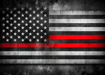 A majestic American flag waves proudly, featuring a thin red line symbolizing the bravery, sacrifice, and selflessness of courageous firefighters who risk everything to protect their communities.