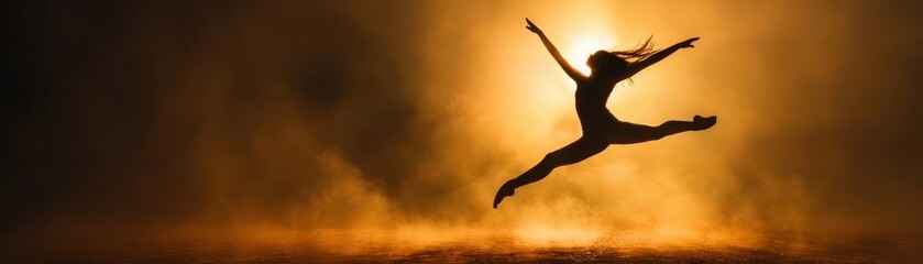 Graceful Dancer Leaping in Silhouette Against a Dramatic Golden Sunset Background