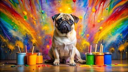 Adorable pug sitting amidst vibrant rainbow-colored paint explosion pattern on wall, surrounded by scattered paint cans and brushes, showcasing playful creativity.