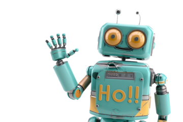 Animated Robot with a Humorous Hello, Isolated on White Background