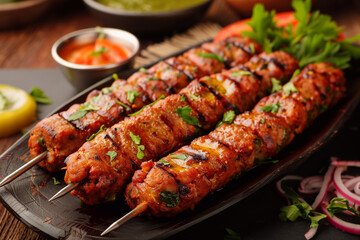 Grilled shish kebab, arabic kofta. Kofte kebab from mince lamb and beef meat on Skewer.