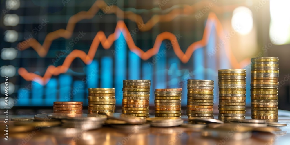 Poster financial growth concept with a graph showing upward trend and stacks of coins symbolizing prosperit