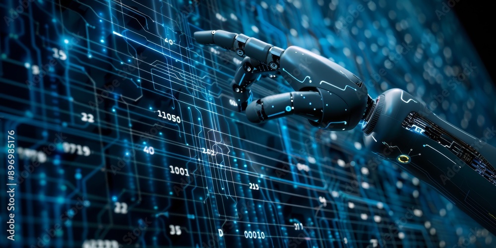 Poster Artificial intelligence concept with a robot hand touching a digital interface with binary code and circuits
