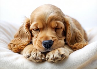 Adorable English cocker spaniel sleeps peacefully, curled up in a ball, on a soft, isolated white background, showcasing innocence and tranquility.
