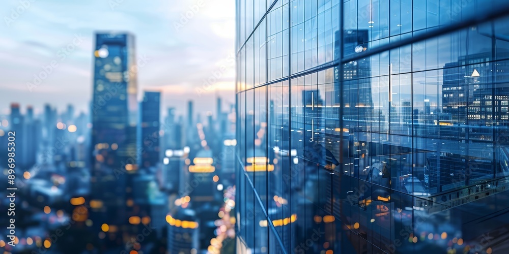 Poster urban development concept with a cityscape showing modern architecture and bustling streets
