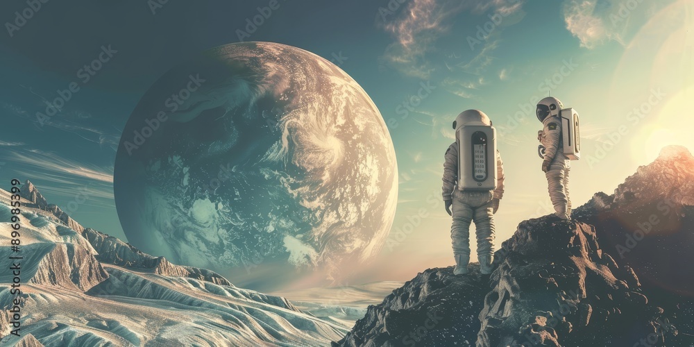 Poster Space exploration concept with astronauts in spacesuits exploring the surface of an alien planet