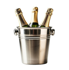 A metal ice bucket with champagne bottles inside against a transparent background.