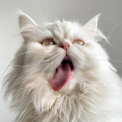 White Persian cat, cute face with tongue sticking out, cute expression, fluffy hair