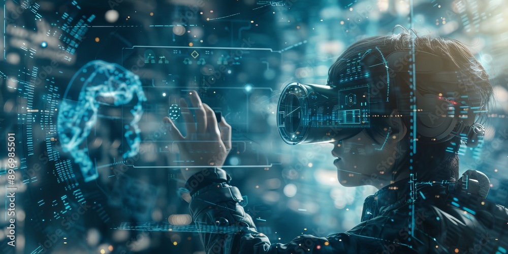Poster Virtual reality concept with a person wearing VR goggles and interacting with a digital environment