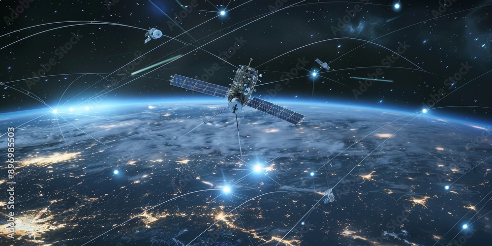 Poster Global communication concept with a network of satellites orbiting Earth and connecting continents