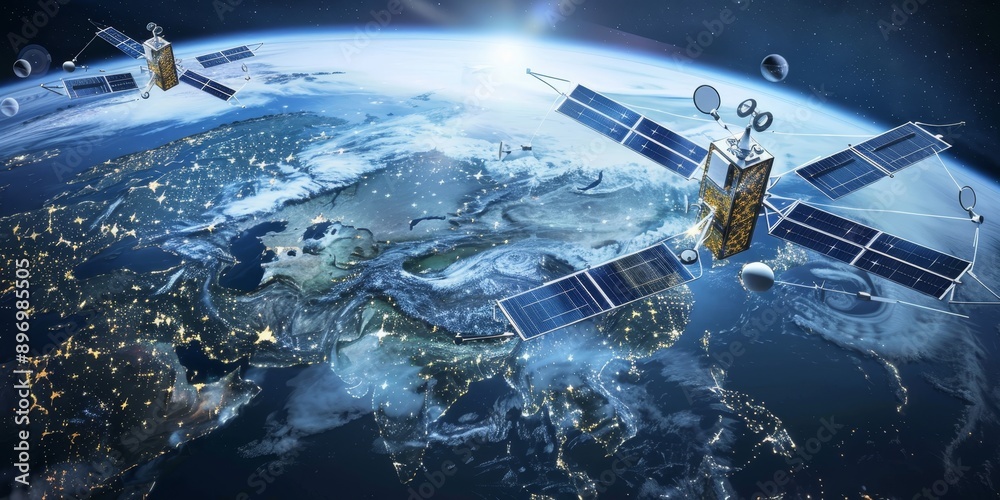 Poster global communication concept with a network of satellites orbiting earth and connecting continents