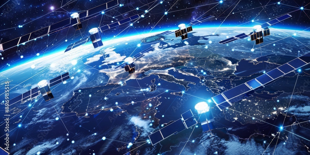 Poster global communication concept with a network of satellites orbiting earth and connecting continents