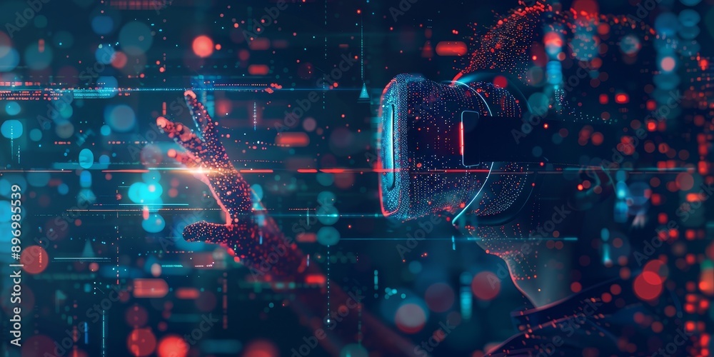 Poster virtual reality concept with a person wearing vr goggles and interacting with a digital environment