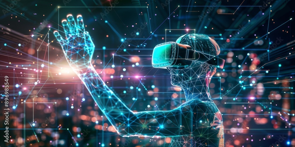 Poster virtual reality concept with a person wearing vr goggles and interacting with a digital environment