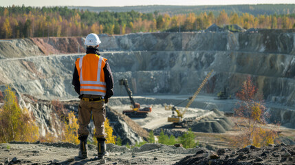 A worker in a vest and helmet stands at the edge of an open pit mine, overlooking the panorama of gold ore presentation with heavy machinery in the background.
