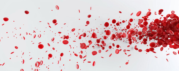 Red splashes of cells flowing on a white background.