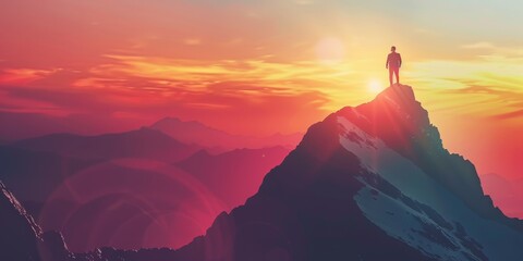 Abstract concept of success with a businessman standing on top of a mountain peak, looking at the sunrise