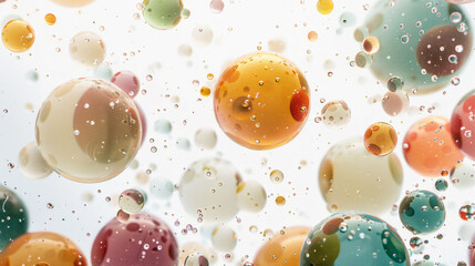 Oil bubbles on a white background, taken from a low angle with detailed features in a clean and sharp focus.