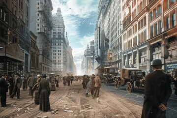 Obraz premium Vintage City Street Scene with Horse-Drawn Carriage.