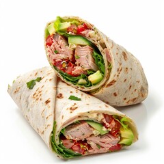 Tuna tortilla wrapping, shawarma, burek. Fish tortilla wrap cut with tuna isolated on white, salmon roll