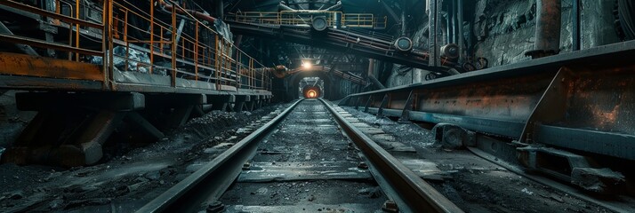 Obraz premium Empty tunnel, post-apocalyptic shelter, rails going into darkness conveyor belt in underground coal mine