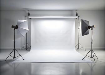 Minimalist white studio setup with sleek modern lighting, empty space, and a subtle gray gradient, perfect for product photography and creative compositions.