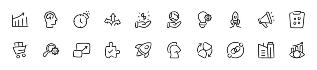 Set of startup icons. 20 sets of startup icons. Startup icons. Simple doodle startup icons