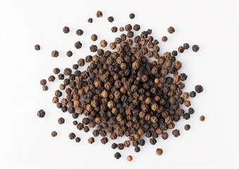 Black pepper scattered on a white background with professional color grading.