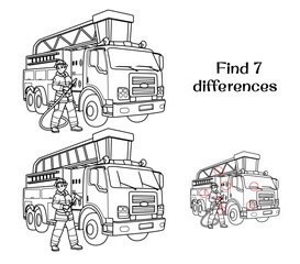 A firefighter next to a fire truck. Find 7 differences. Tasks for children. Vector illustration