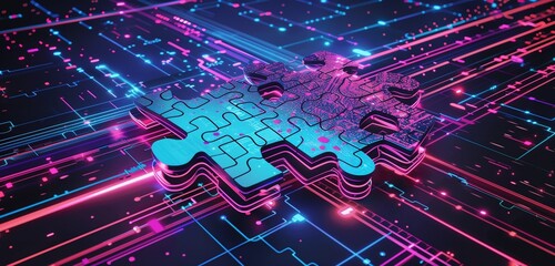 Seamless integration of AI into HR processes depicted as a futuristic jigsaw puzzle.