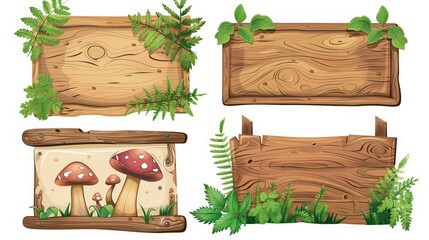 Set of four different wooden signs, each decorated with a variety of green plants and mushrooms, showcasing a natural and rustic theme perfect for outdoor settings.