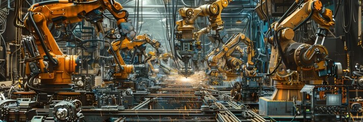 Industrial Welding Robots, Futuristic Machines in Production Line Manufacturer Factory, Welding Robots