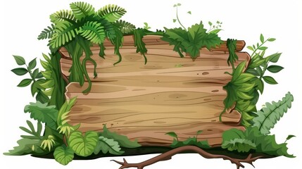 Obraz premium A sturdy wooden sign covered in dense ferns and leafy greenery, creating an impression of being in the heart of a jungle, with a clear space in the middle for text.