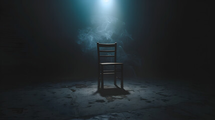 A chair is placed in the middle of a dark room. with light shining in the middle creating By emphasizing the loneliness of the chair and adding An eerie atmosphere is given to the scene.