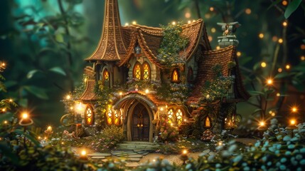 Obraz premium A large Gothic-style house situated in a dense forest, illuminated beautifully by fireflies. The whimsical, dreamlike scene is bright and full of intricate detailing for a fairytale feel.