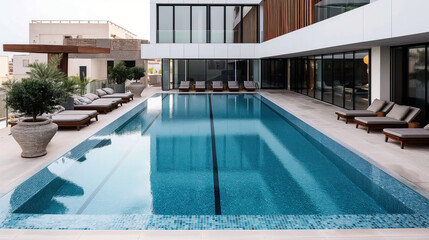 Modern outdoor swimming pool area with sun loungers, potted plants, and contemporary building in the background.