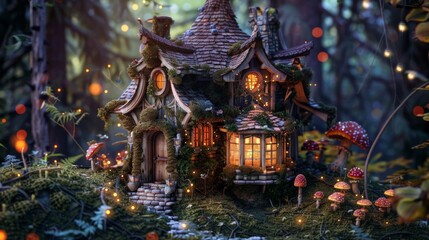 Fototapeta premium An enchanting forest dwelling decorated with twinkling fairy lights and surrounded by whimsical mushrooms, giving it a magical and inviting appearance at twilight.