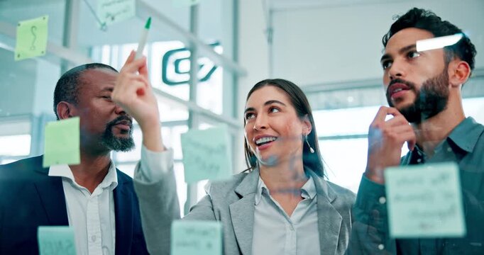 Workshop, thinking and business people at glass wall with smile, brainstorming or collaboration at startup. Problem solving, happy woman and professional men with discussion, office planning or ideas