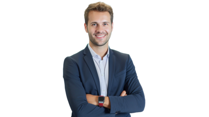 Young positive caucasian businessman isolated on transparent background.
