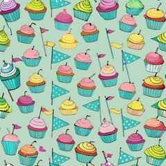 Seamless pattern of cupcakes with mini flags as toppers, Generative AI