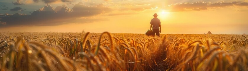 A farmer walks through a golden wheat field at sunset, capturing the essence of rural life and agricultural beauty.