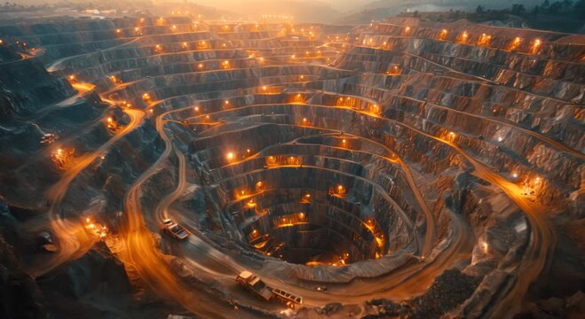 A photorealistic aerial view of a sprawling mining operation