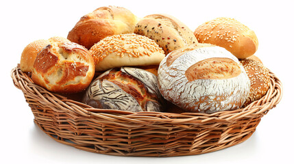 Bread and rolls in wicker basket on white background, Bread on basket on white background, Bread together, Showcasing Freshness in the Bread Basket On Transparent Background.