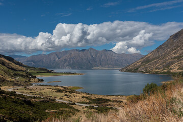 Obraz premium Elevated view of the north-western arm of Lake Hawea from The Neck between Lake Hawea and Lake Wanaka. Otago, South Island, New Zealand.