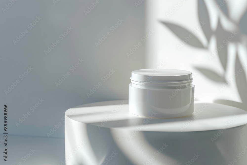 Aufkleber This image features a white jar placed atop a minimalist white pedestal, with a soft and shadowy leaf pattern in the background creating an elegant visual effect.