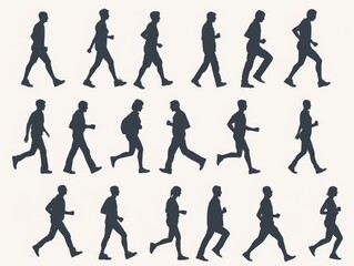 Collection of running person silhouettes in black and white.