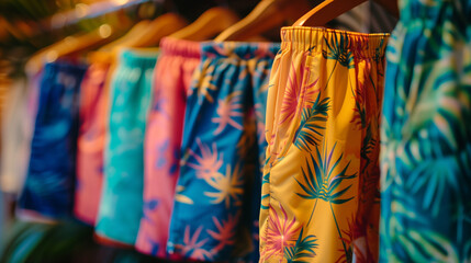 A row of colorful tropical print shorts hanging on a rack.