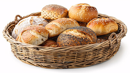 Bread and rolls in wicker basket on white background, Bread on basket on white background, Bread together, Showcasing Freshness in the Bread Basket On Transparent Background.