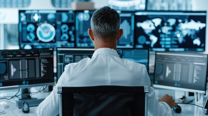 A business man in a white shirt working on multiple computer screens in a high-tech control room with various data and graphs displayed.
