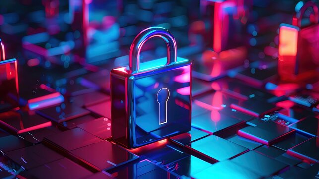 Abstract digital security concept with colorful neon lights and a metallic padlock representing cyber protection and data encryption.